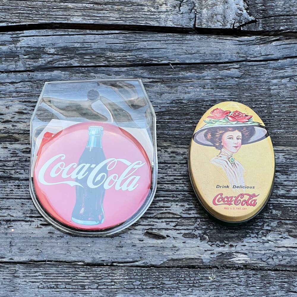 Vintage Coca Cola Lot  Pocket Sewing Kit Pill Box and Tin Button Hand Mirror